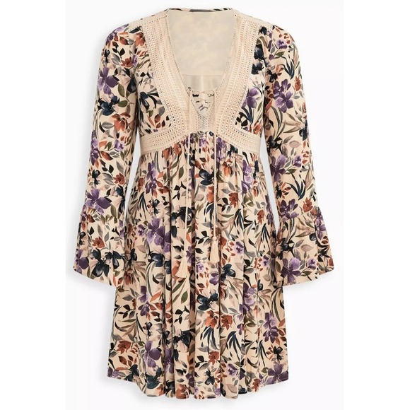 Torrid Mini Gauze Lace-Up Skater Dress Bell Sleeve Floral Plus Size 3 3X Boho - Picture 14 of 16